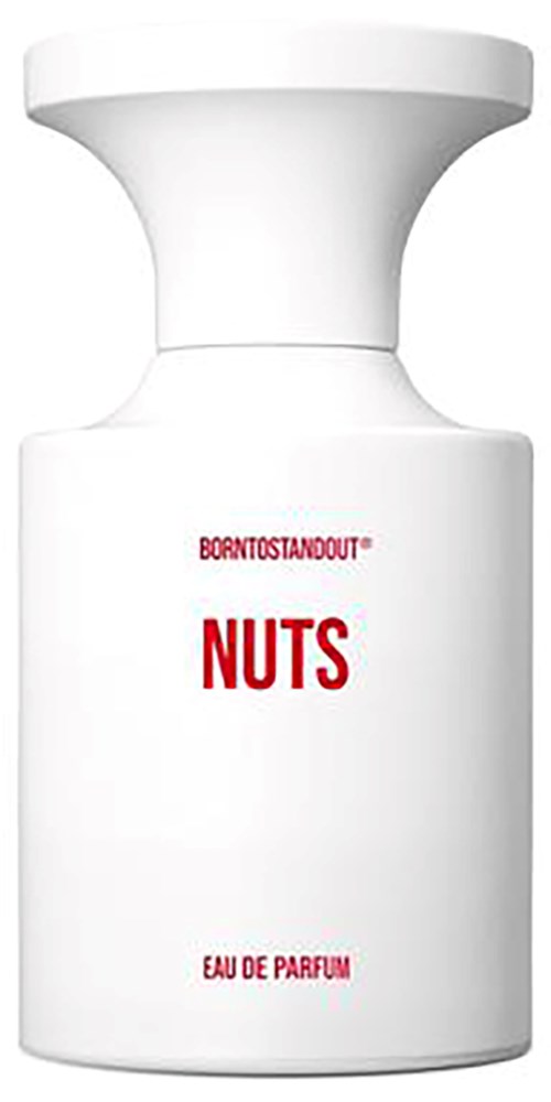 Een witte parfumfles met rode tekst die 'NUTS' en 'EAU DE PARFUM' zegt.
