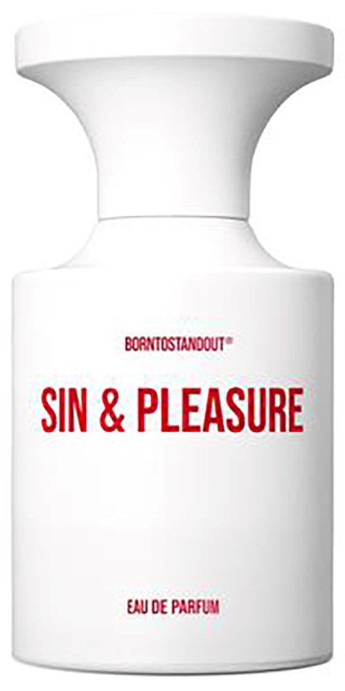 Een witte parfumfles met rode tekst die zegt 'SIN & PLEASURE' en 'EAU DE PARFUM'.