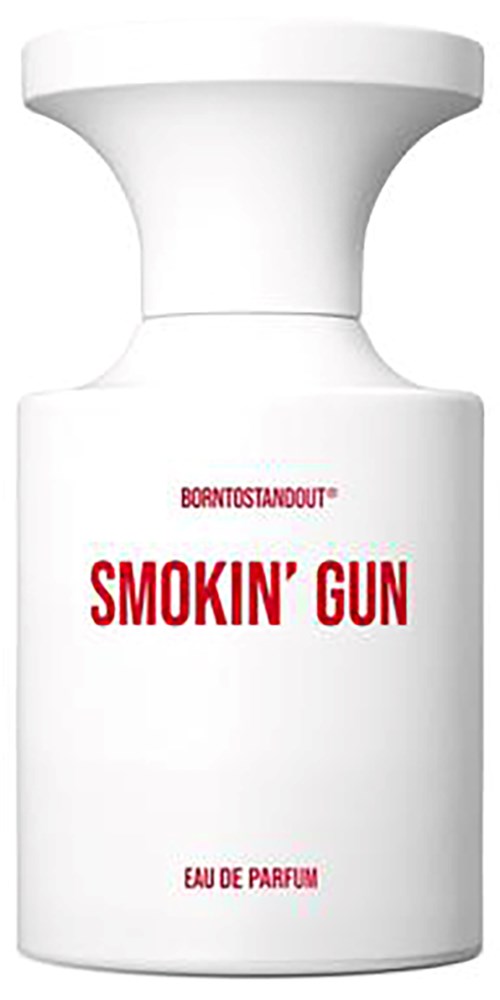 Een witte parfumfles met de tekst 'SMOKIN' GUN' in rood en een brede dop.