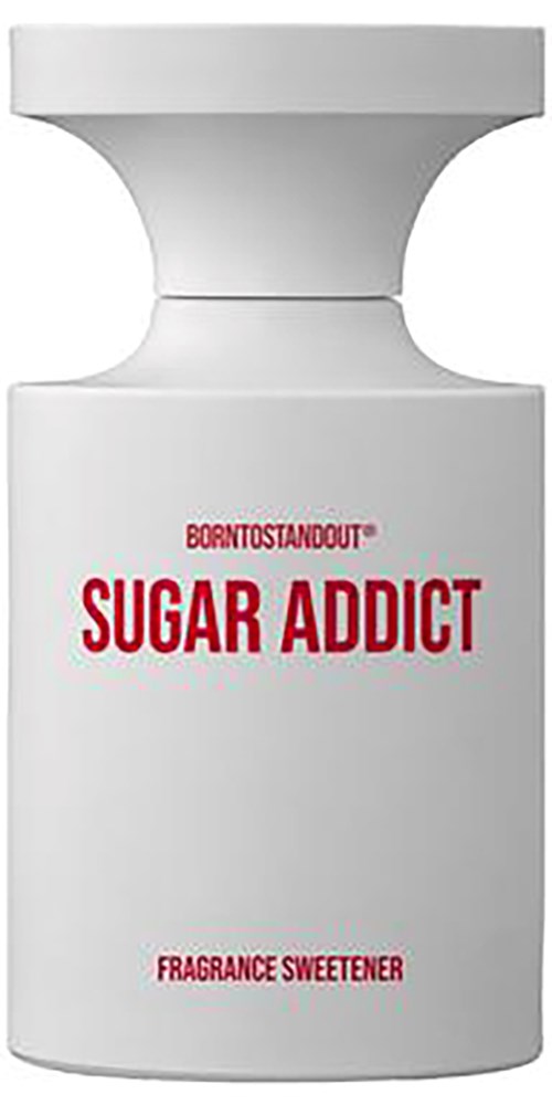 Een witte fles met 'Sugar Addict' in rode en zwarte tekst, beschrijft een geurversterker.