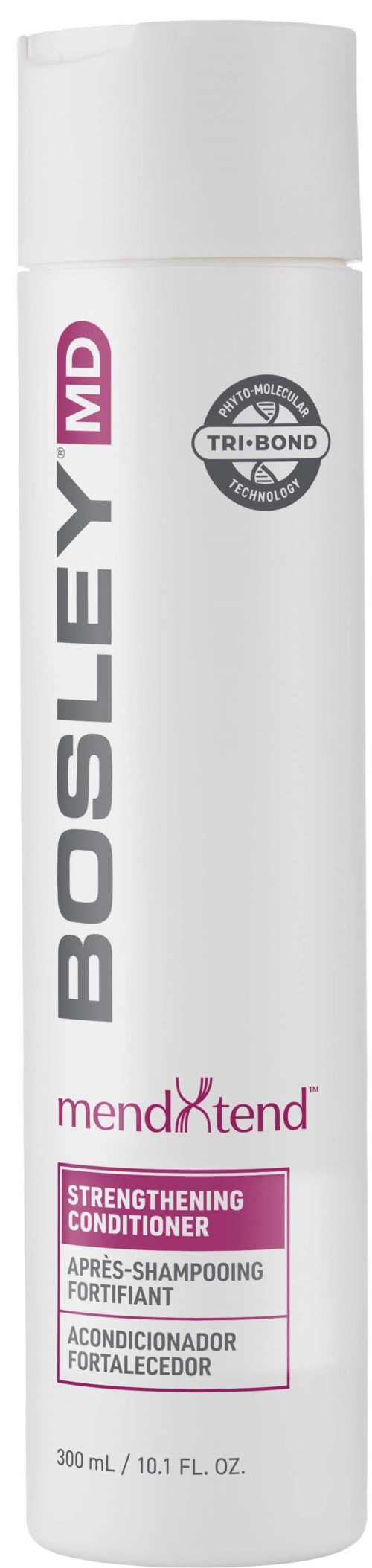 Eine weiße Flasche mit Text, zeigt ein Haarconditioner-Produkt namens BOSLEY MD Mendxtend. Es hat ein Logo und Produktdetails.