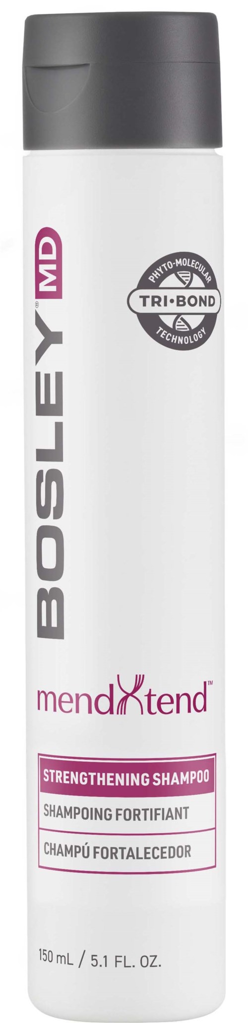 Eine weiße Flasche mit Bosley MD MendXtend stärkendes Shampoo, grauer Deckel und rosa Text.