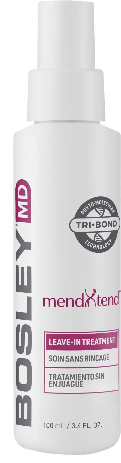 Eine weiße Sprühflasche mit Text über Leave-in-Haarbehandlung und einem Logo, für Haarpflege.