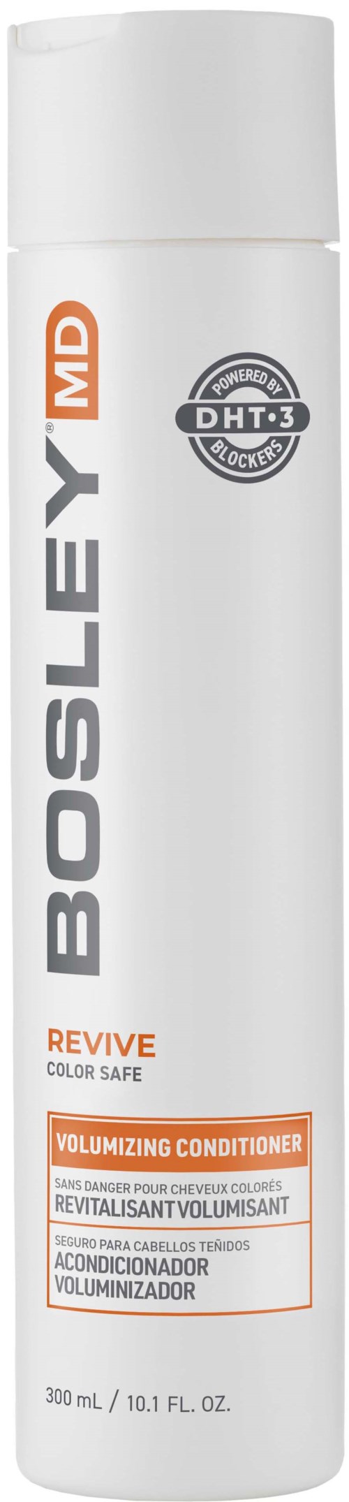 Eine lange weiße Dose mit orange- und schwarzem Text, beschriftet Bosley MD Revive volumizing conditioner.