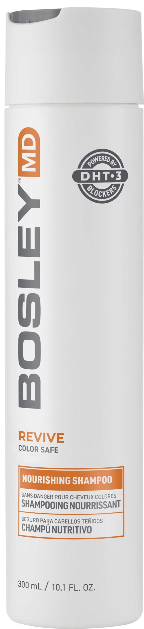 Eine lange weiße Flasche mit Bosley MD Revive pflegendes Shampoo mit Etiketten und Logos.