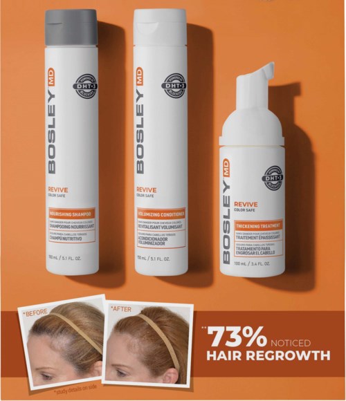 Drei BOSLEY MD Haarpflegeprodukte: Shampoo, Conditioner und Treatment mit Vorher-Nachher-Haarwachsbilder. Prozentsatz zeigt verbessertes Haarwachstum.