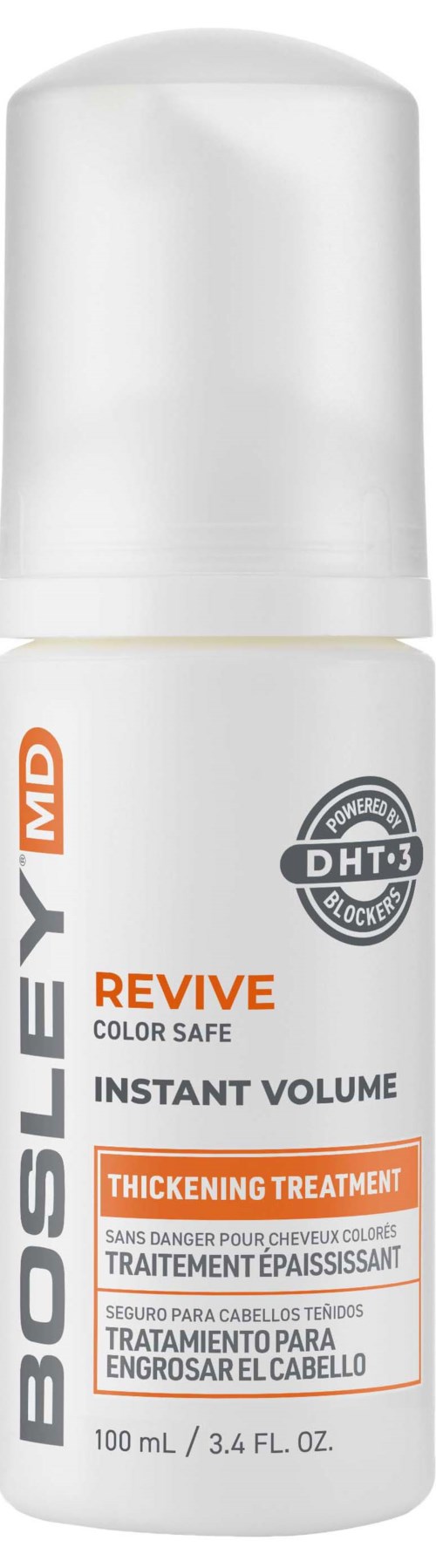 Eine weiße Sprühflasche mit der Aufschrift 'Best Biosley MD Revive Color Safe Instant Volume' für Haare, mit orange- und graufarbenem Text.