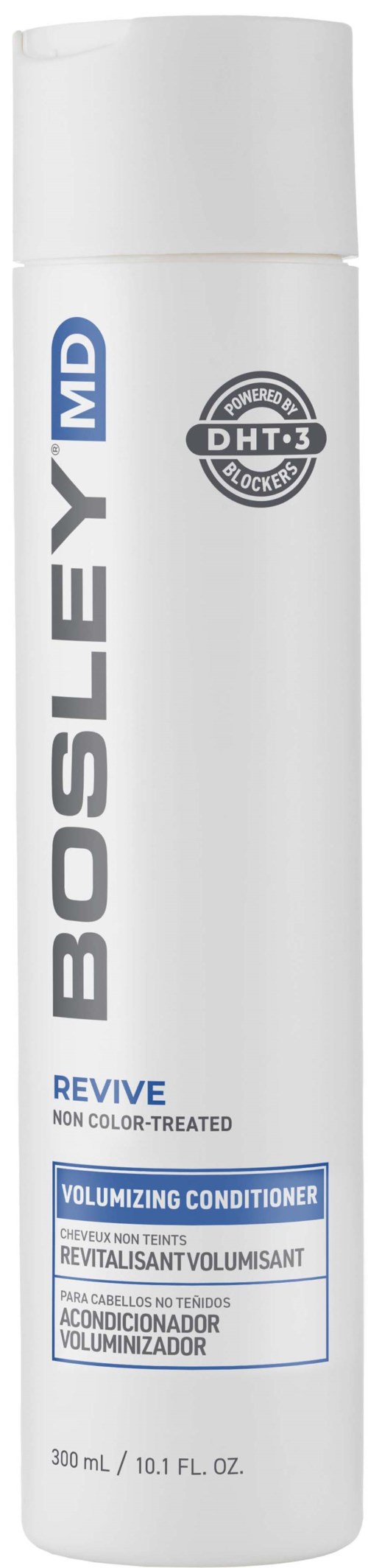 Eine lange weiße Flasche mit blauer und schwarzer Schrift, beschriftet als Bosley MD Revive volumizing conditioner.