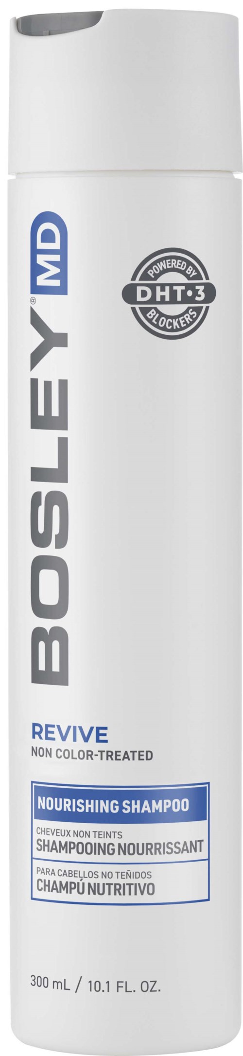 Eine weiße Flasche Bosley MD Revive nährendes Shampoo mit blauer und schwarzer Beschriftung.