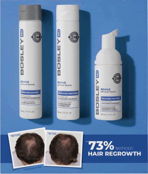 Drei BOSLEY MD Haarpflegemittel Flaschen mit Vorher-Nachher-Bilder, die Haarwachstum zeigen. Ein Hinweis besagt, dass 73 % Haarwachstum bemerkten.