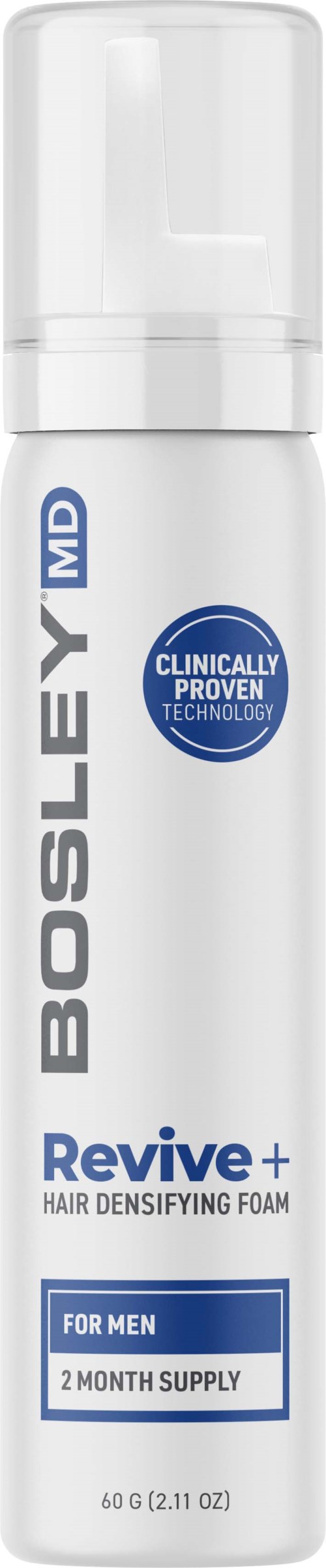 Eine weiße Flasche mit Pumpe enthält Bosley MD Revive+ Haarschaum für Männer, 60 g, als Zweimonatsvorrat gekennzeichnet.