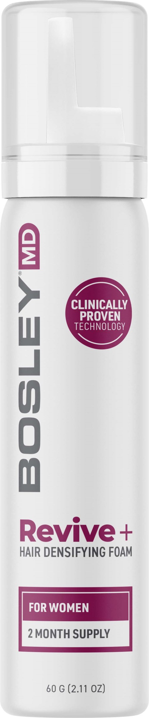 Weiße Flasche mit Bosley MD Revive+ Haarschaum für Frauen mit Pumpaufsatz. Zwei Monate Versorgung und klinisch bewiesen.