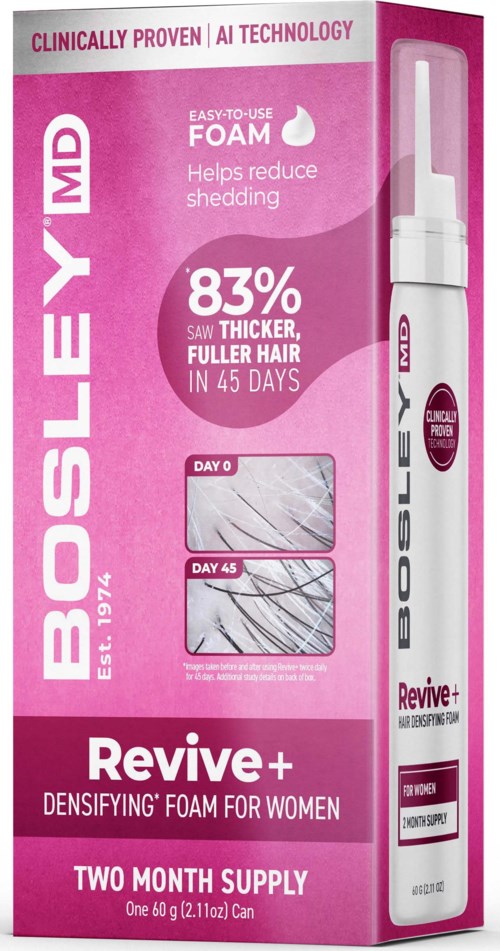 Rosa Verpackung mit Schaumstoffapplikator, fördert Haarverdickung. Zeigt Vorher-Nachher-Bilder. Erwähnt 83% dickere, Zweimonatsvorrat.