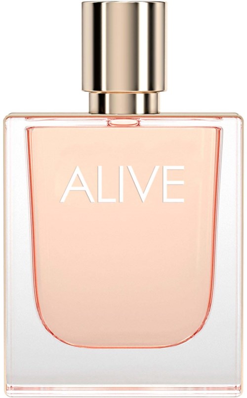 Een parfumfles met gouden dop en roze vloeistof, met het label 'ALIVE'.