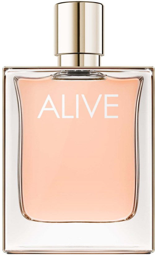 Een parfumfles met een zilveren dop, doorzichtige glazen fles en roze vloeistof, met de tekst 'ALIVE'.