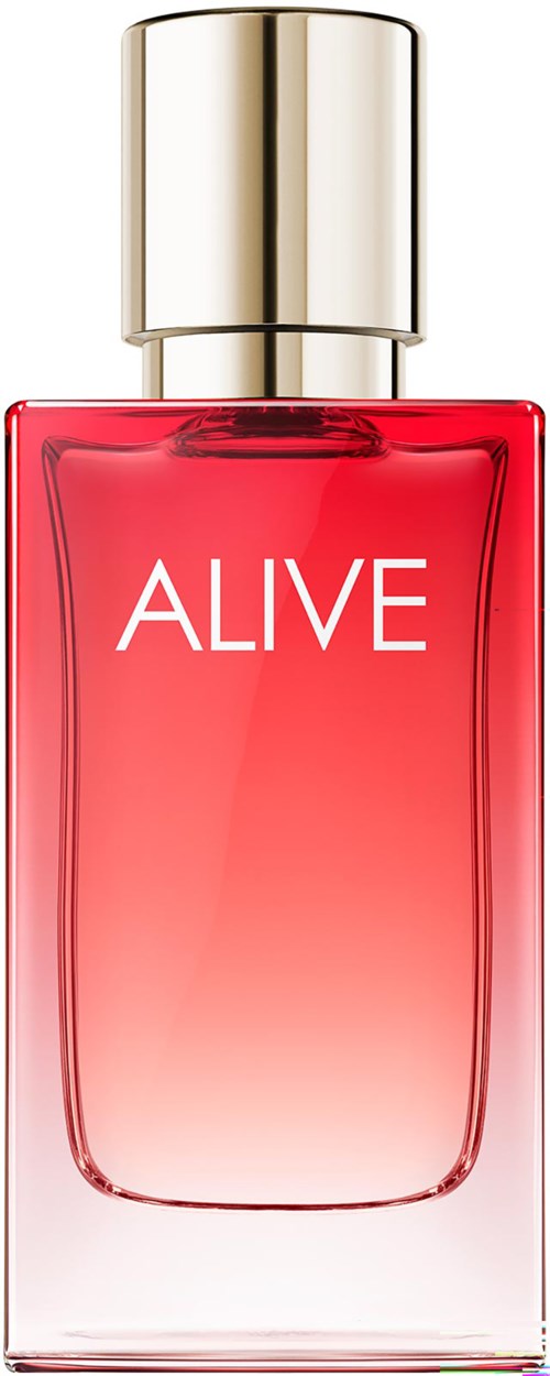 Een rode parfumfles met zilveren dop, gemarkeerd 'ALIVE'. Het is lang en elegant van ontwerp.