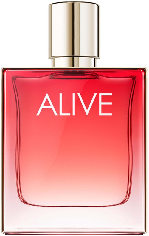 Een roze en witte parfumfles met 'ALIVE' erop, met een gouden dop.
