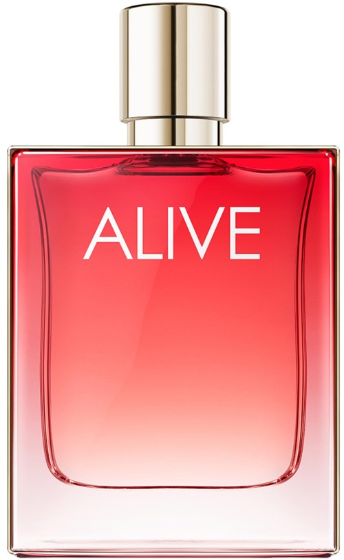 Een parfumfles met een roze naar rood verloop, gemarkeerd "ALIVE" en met een zilveren dop.