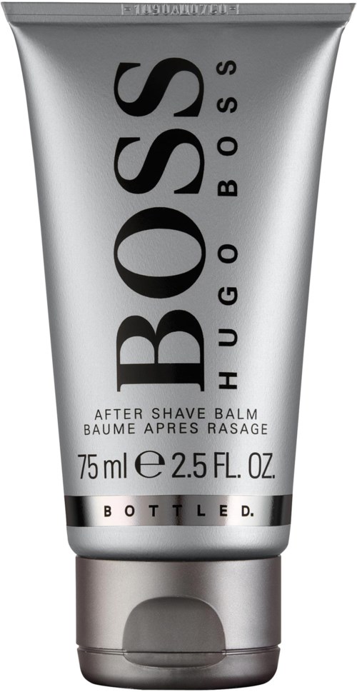 A silver tube of Hugo Boss after shave balm with black text, holding 75 ml or 2.5 fl oz.
