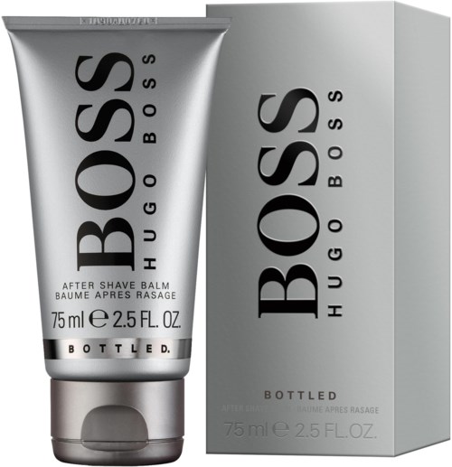 A silver tube and box of Hugo Boss after shave balm, 75ml, with black text and a sleek design.