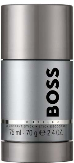 Een zilveren deodorantstift van Boss met zwarte tekst en maatgegevens op het etiket.
