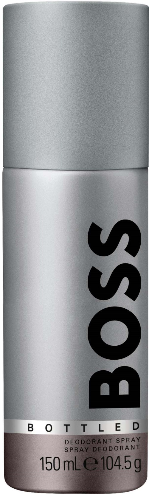 Eine silberne Spraydose mit schwarzem Text, der "BOSS" liest, und kleineren Text, der angibt, dass es sich um ein Deo handelt.