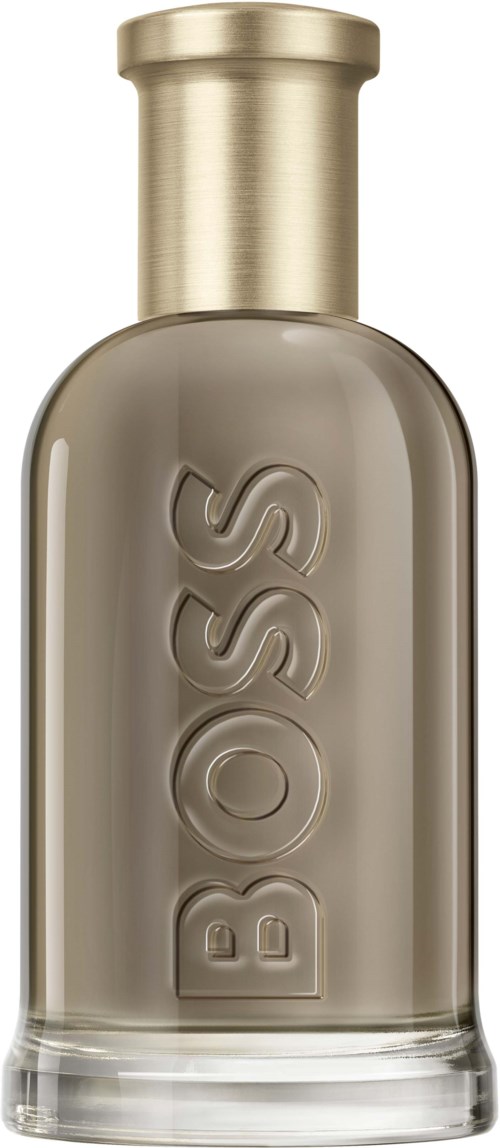 Eine Flasche mit goldener Kappe und grauem Körper, eingraviert mit dem Wort 'BOSS'.