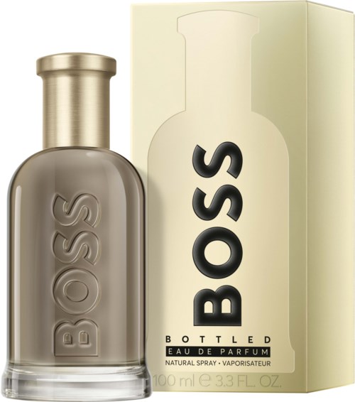 Eine Boss Bottled Eau de Parfum-Flasche und -Box, mit eingraviertem und gedrucktem Markennamen.
