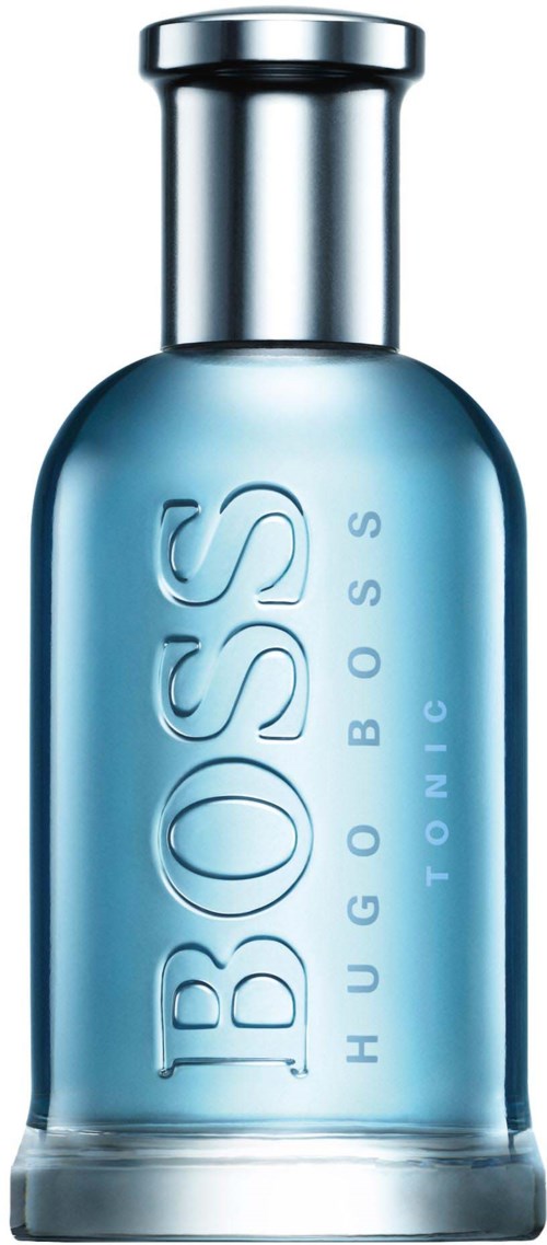 Blascheflasche in Blau mit silberner Kappe, mit der Aufschrift 'BOSS HUGO BOSS TONIC'.