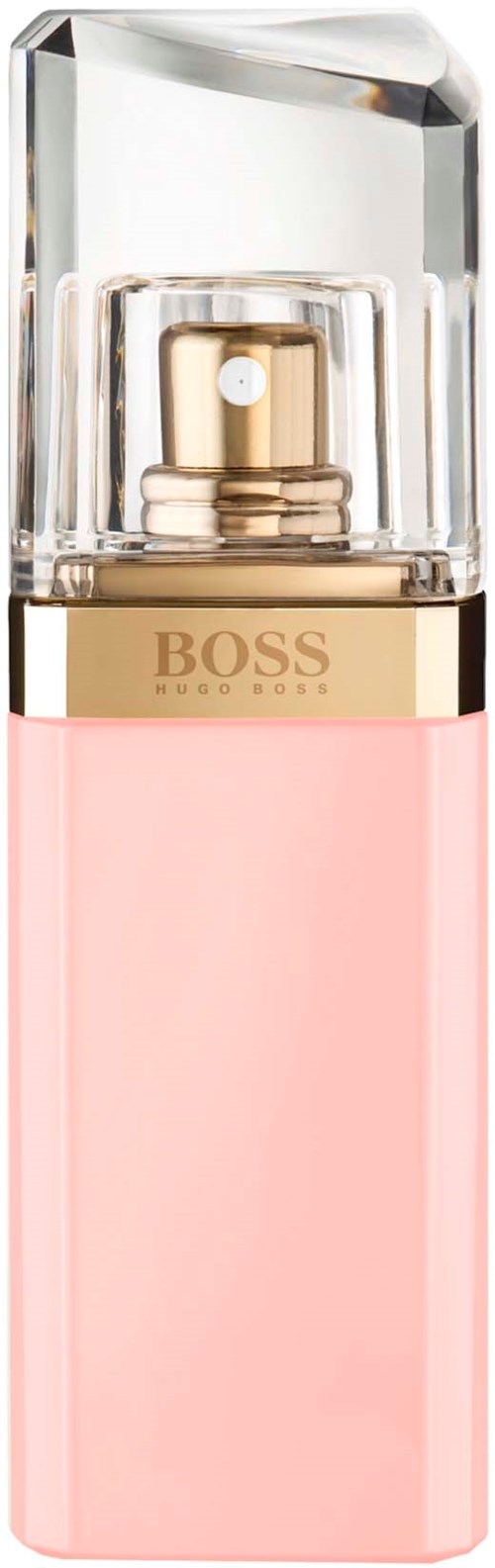 Een roze parfumfles met een doorzichtige dop en gouden details, geheten 'BOSS BOY' op de gouden band.