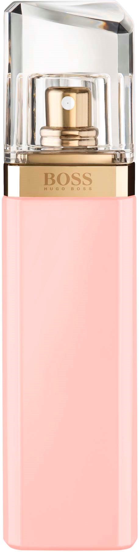 Een roze fles met een doorzichtige dop en een gouden label die BOSS zegt, waarschijnlijk parfum of spray.