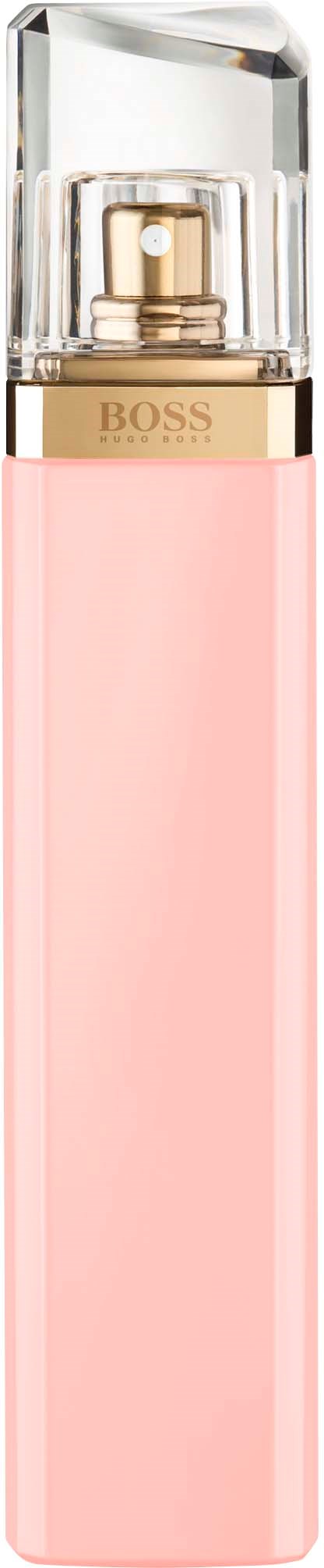 En lång, rosa sprayflaska med en tydlig, geometrisk lock och guldkant, märkt BOSS.