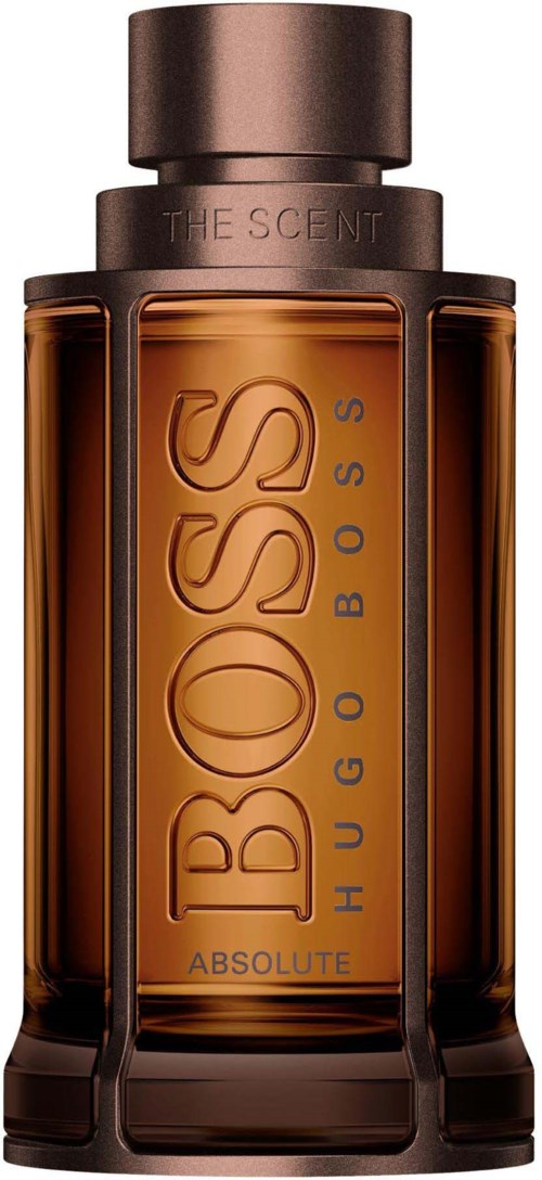 Bruine fles met Hugo Boss geur genaamd 'The Scent Absolute' met grote letters.