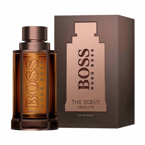 Een parfumbottle en doos, beide gelabeld Hugo Boss The Scent Absolute, in amber en donkerbruin.