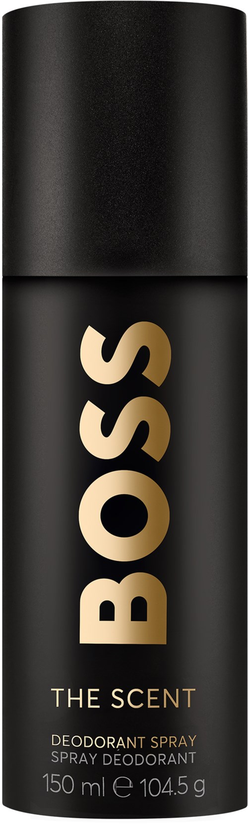 Eine schwarze Deodorantsprühflasche mit goldenen Buchstaben "BOSS" und kleineren Text "The Scent."