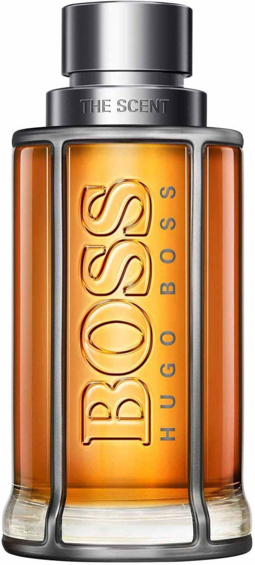 En parfymflaska med orange vätska inuti, märkt Hugo Boss, med svart lock och metalldelar.