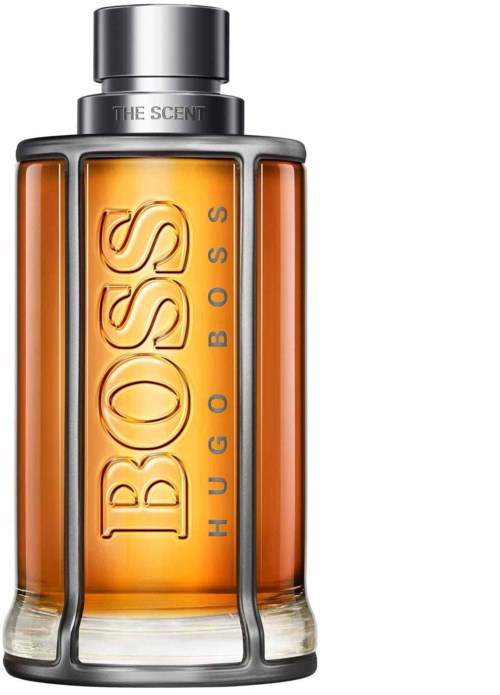 En lång, tydlig flaska med orange vätska och svarta detaljer, med varumärket 'HUGO BOSS' på.