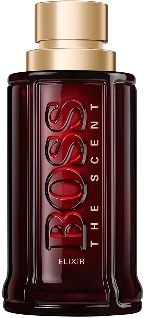 En mörkröd parfymflaska med guldlock, märkt Boss The Scent Elixir.
