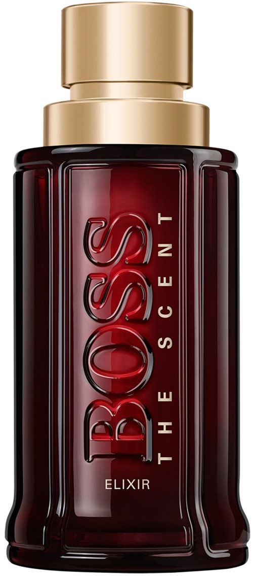 En mörkröd parfymflaska med guldkapsel, märkt 'BOSS THE SCENT ELIXIR.'