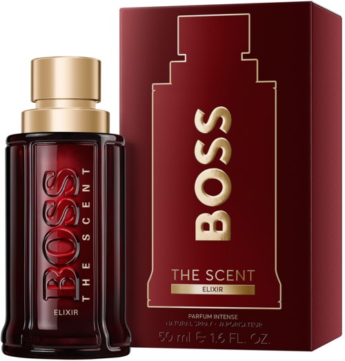En mörkröd parfymflaska med guldkork, märkt 'BOSS THE SCENT ELIXIR,' bredvid en matchande förpackning.