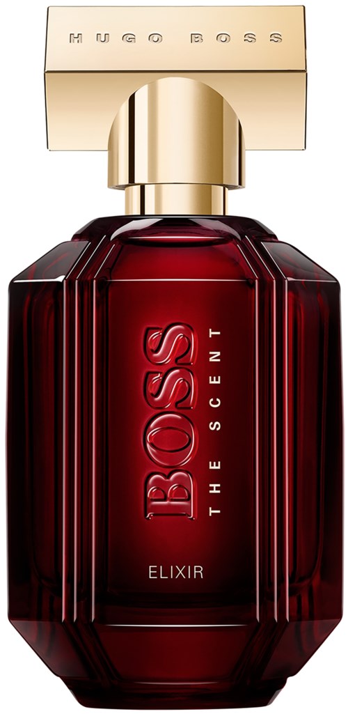 Dark red perfume bottle with a gold cap, labeled "BOSS THE SCENT ELIXIR."