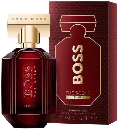 A perfume bottle with a red glass body, a gold cap, and a matching box, labeled 'BOSS THE SCENT ELIXIR.'