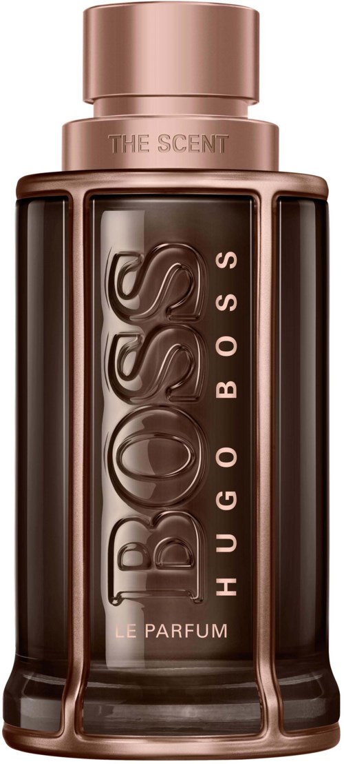En glasflaska med parfym med brunt innehåll. Den har ett ljusbrunt lock och texten 'Hugo Boss' på framsidan.