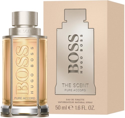 En parfyllflaska och förpackning, båda märkta 'BOSS THE SCENT PURE ACORD' med guld- och silverfärgad design.