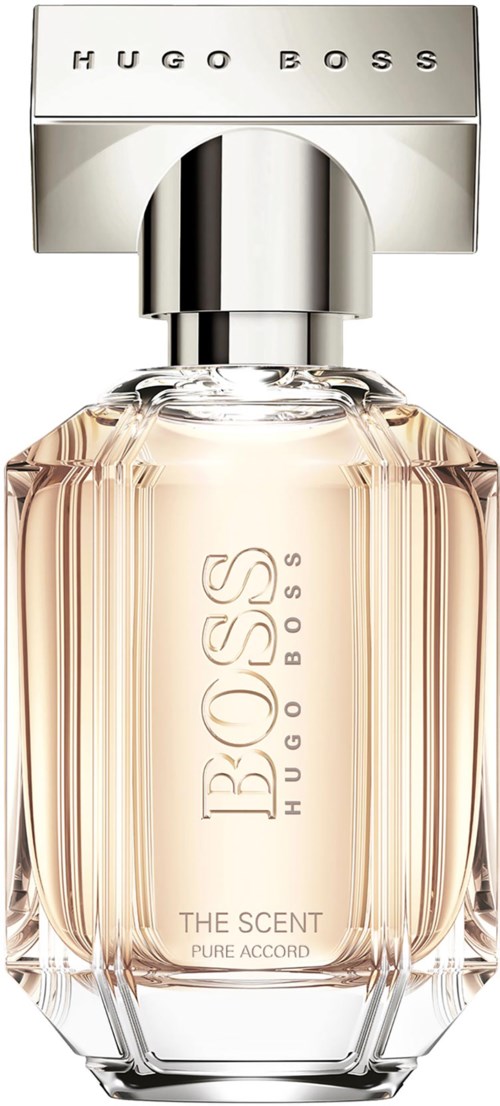 Hajuvesilasia, jossa on hopeaa kuin kansi ja läpinäkyvä lasi, merkinnät 'Hugo Boss' ja 'The Scent Pure Accord.'