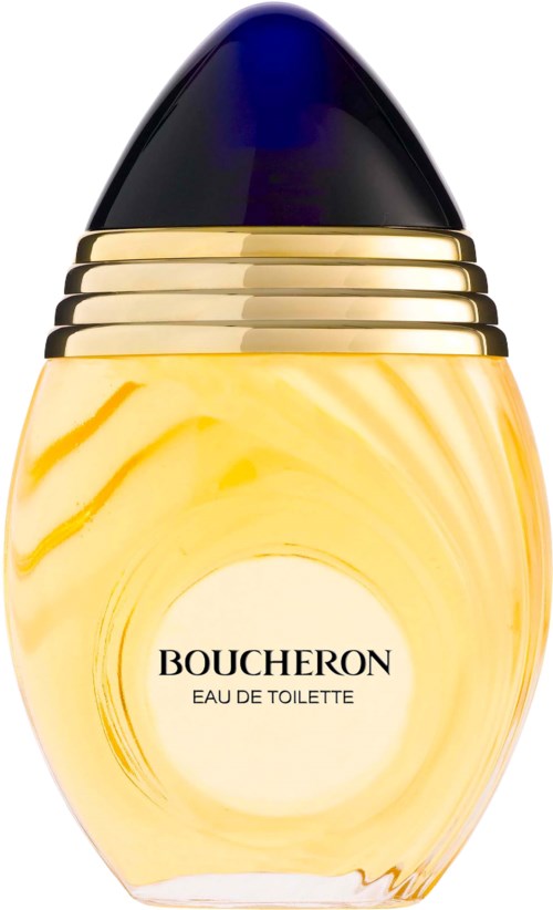 A perfume bottle with a black cap, gold rings, and yellow swirls on a white background.