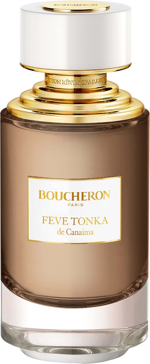 A luxury perfume bottle with a gold and white cap, labeled Boucheron Paris Feve Tonka. Elegant and sophisticated.