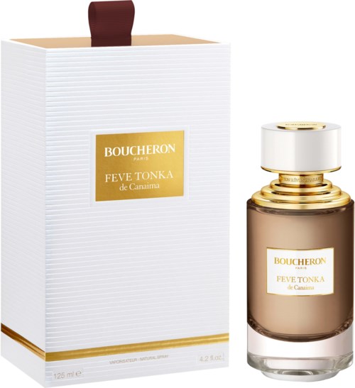 A perfume bottle and box with gold and white labels, elegant design, and the text 'Boucheron Fève Tonka de Canaille.'
