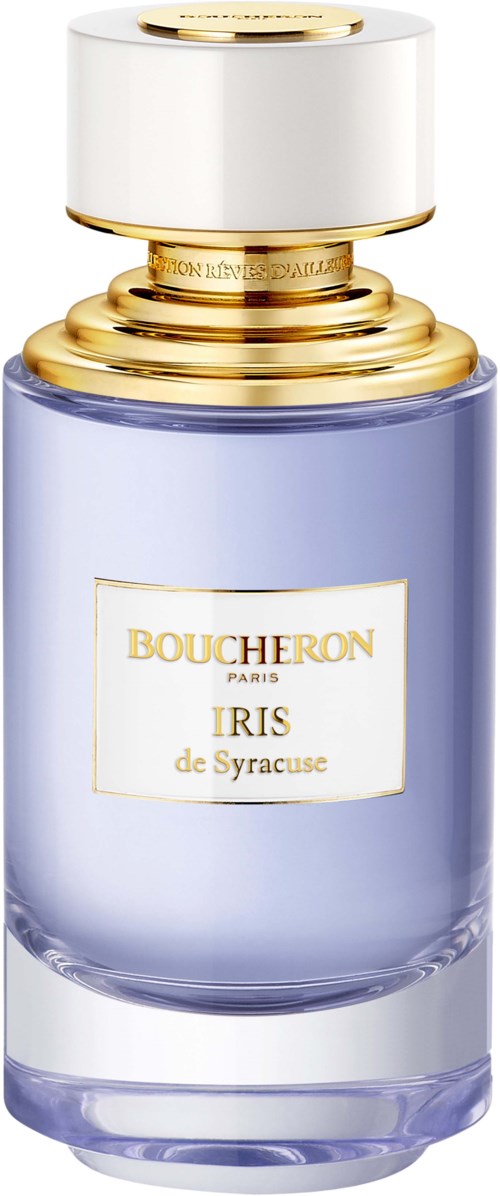 A purple perfume bottle with a white and gold cap, labeled Boucheron Iris de Syracuse.
