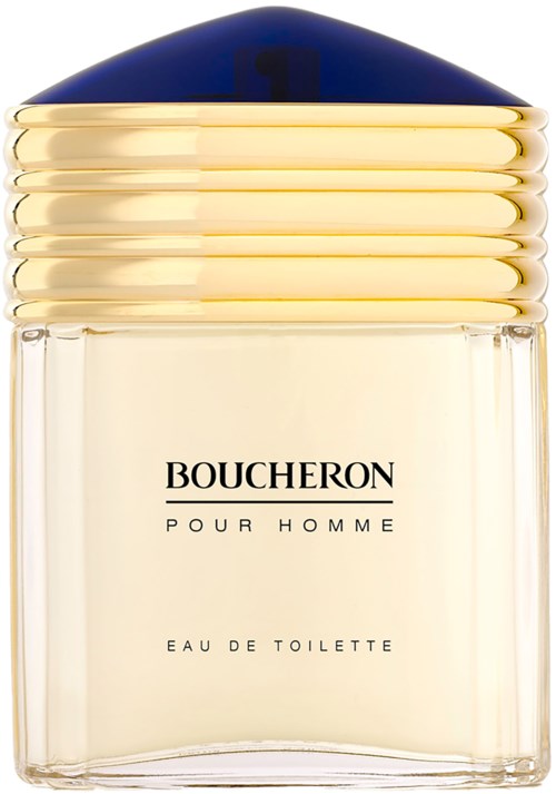 A perfume bottle with a clear glass body, gold accents, and a blue cap. It is labeled 'Boucheron Pour Homme'.